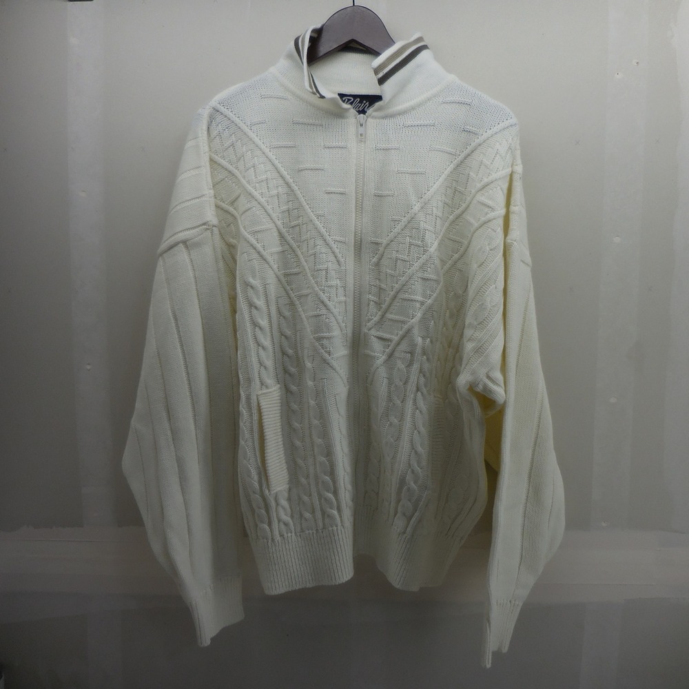 Blair Mens 3XL Full Zip Cable Knit Sweater Natural Cream Mock Neck Vintage 2173